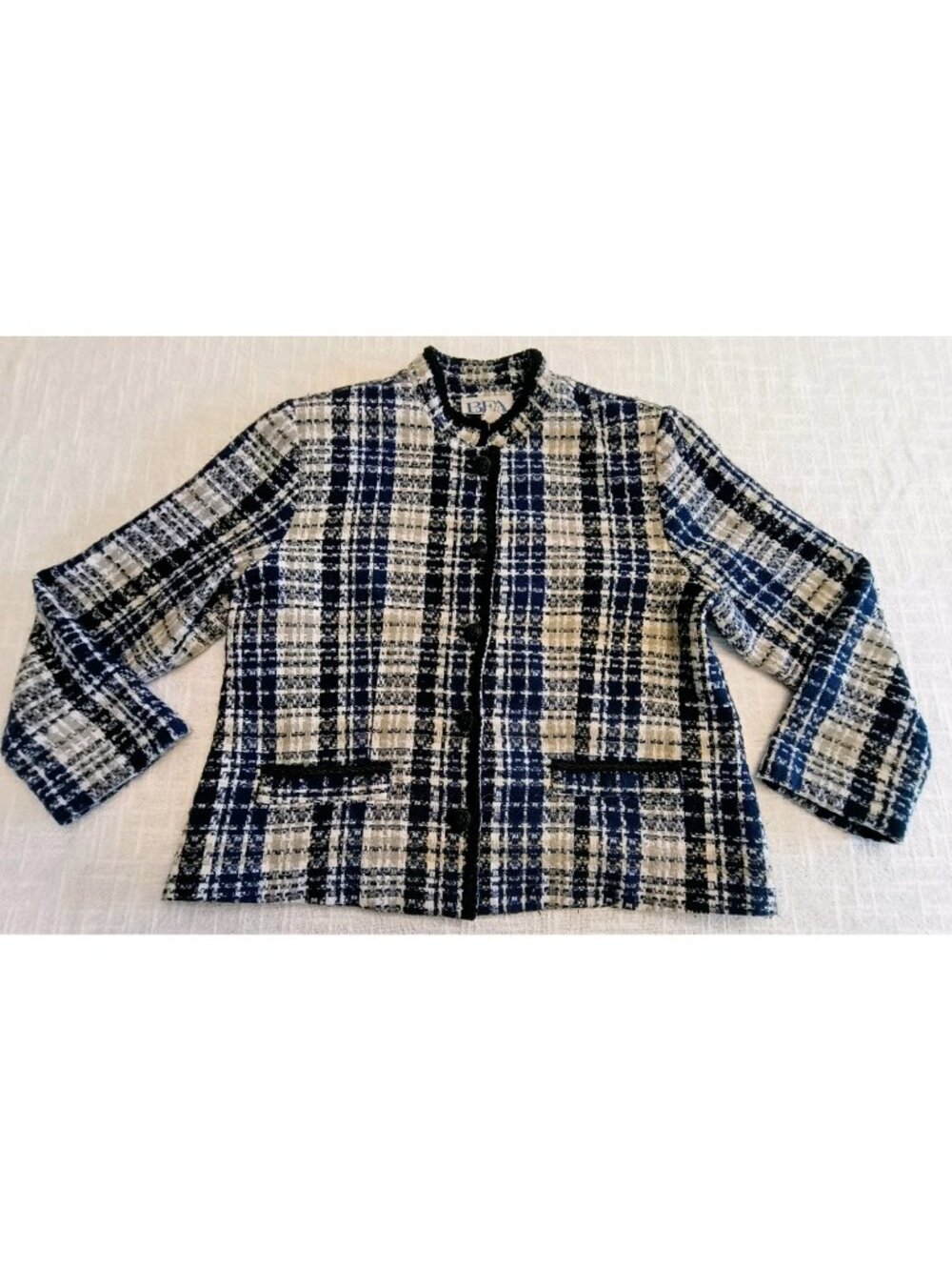 BFA Classics Women Plaid Button-Front Tweed Jacket Sz 16P Blue White Lace Black